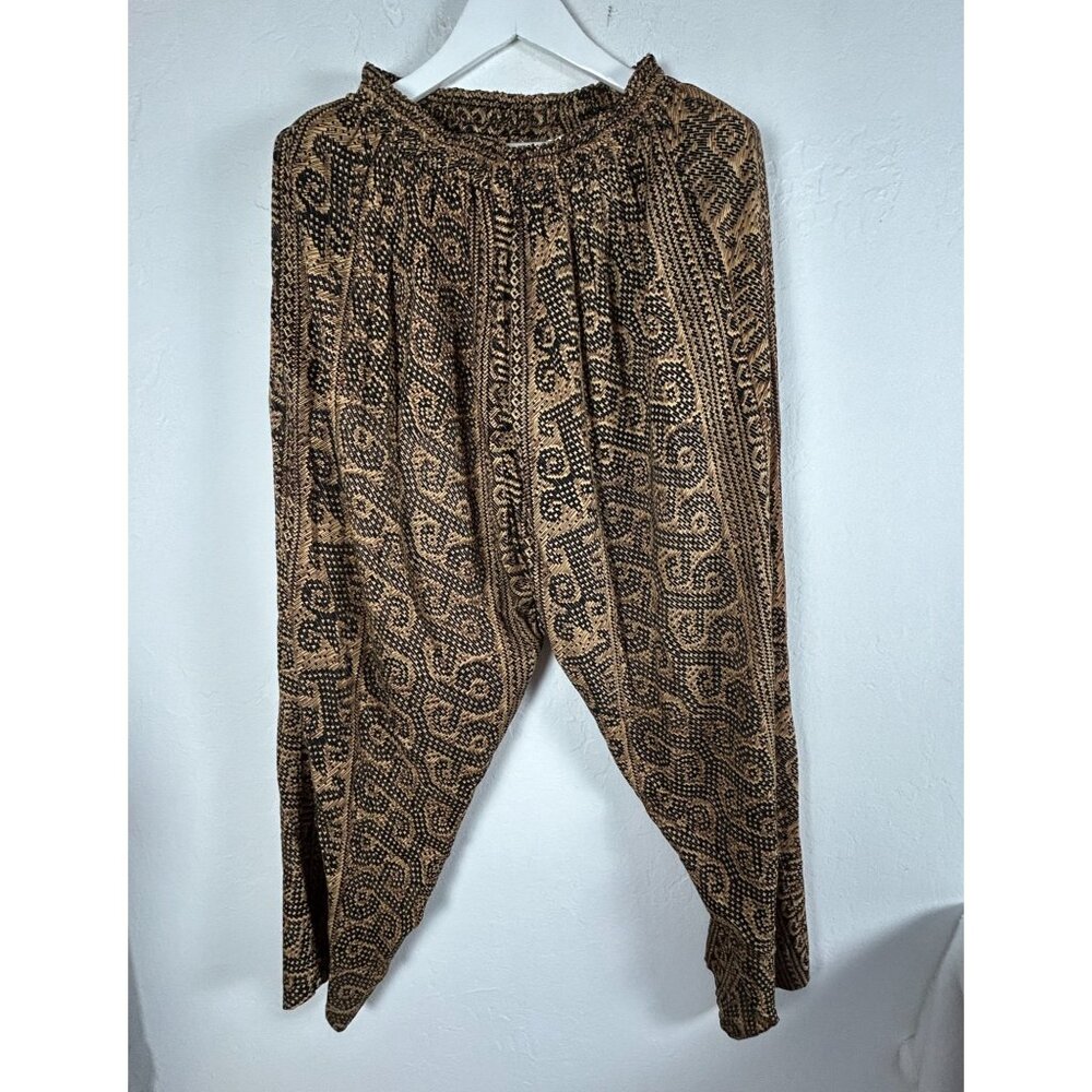 Kusnadi New York Womens Smocked High Waist Bohemian Harem Pants Handmade Brown